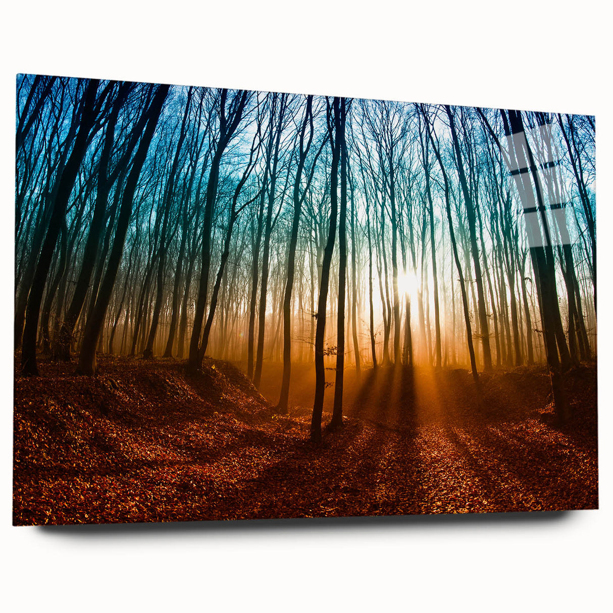 Large abstract acrylic print of a European scenery in cool blue and green tones, ideal for bedroom or dining room art.