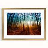 Abstract art print of a European scenery in muted earth tones, framed in gold with a mat, suitable for dining room decor.