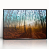 Large abstract wall art depicting a stylized European scenery in muted earth tones, framed in black acrylic.