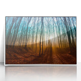 Mid-century modernist art depicting a serene European landscape in muted earth tones on a framed acrylic panel.