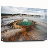 Acrylic print of a serene Icelandic landscape in muted blue and green tones, ideal for dining room decor.