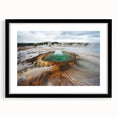 Colorful abstract art print of a textured Icelandic landscape on a large framed canvas, suitable for living room decor.