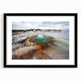 Colorful abstract art print of a textured Icelandic landscape on a large framed canvas, suitable for living room decor.