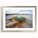 Extra large abstract art print of an Icelandic landscape in textured silver frame, ideal for living room decor.