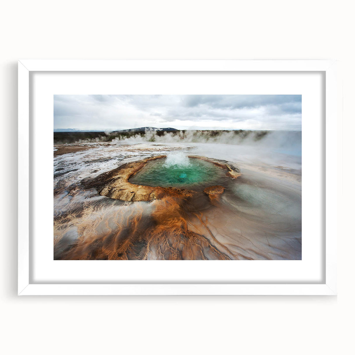 Textured abstract art print depicting a serene Icelandic landscape, in a white frame, ideal for bedroom art.
