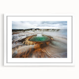 Textured abstract art print depicting a serene Icelandic landscape, in a white frame, ideal for bedroom art.