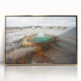 Art deco poster of Iceland scenery in gold framed acrylic, featuring cool blue and white tones.