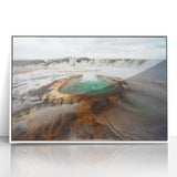 Mid-century modernist framed acrylic print of a serene Icelandic landscape in muted blue and white tones.