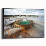 Black and white framed canvas depicting a vintage-style Icelandic landscape, ideal for bedroom wall art.