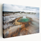 Large canvas print of a serene Icelandic landscape with muted blue and green tones, ideal for kitchen wall art.