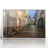 Mid-century modernist art of a scenic Irish landscape in muted green and blue tones, framed acrylic print.