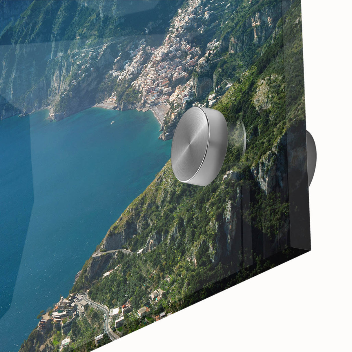Acrylic glass print of Amalfi Coast with vivid blue and white tones.