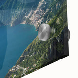 Acrylic glass print of Amalfi Coast with vivid blue and white tones.