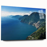 Acrylic print of the Amalfi Coast in Italy, featuring vibrant blue and terracotta hues, ideal for bedroom or dining room art.