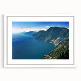 Extra large textured abstract art print of Amalfi Coast in muted earth tones, framed in white, ideal for living room decor.