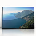Large abstract wall art depicting the Amalfi Coast in muted colors, framed in black acrylic, suited for modern decor.