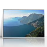 Mid-century modernist art of Amalfi Coast with vibrant blues and whites, framed acrylic, ideal for nursery wall art.