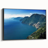 Black and white framed canvas of the Amalfi Coast landscape, vintage poster style, ideal for bedroom decor.