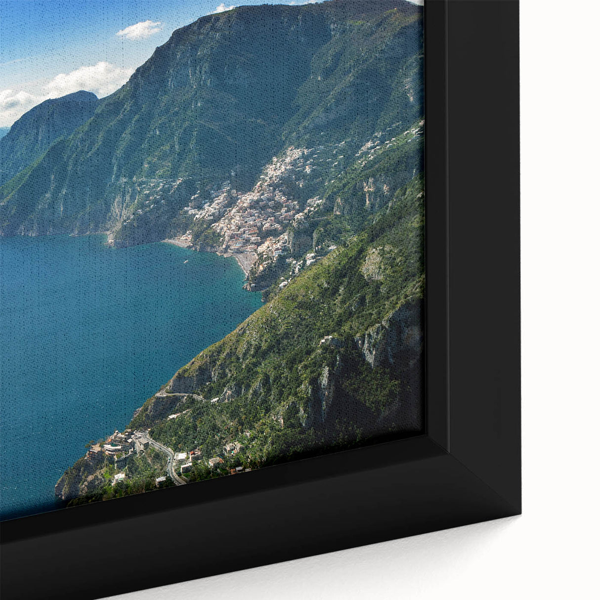 Framed canvas of Amalfi Coast with textured black and colorful art, ideal for extra large living room wall.