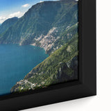 Framed canvas of Amalfi Coast with textured black and colorful art, ideal for extra large living room wall.