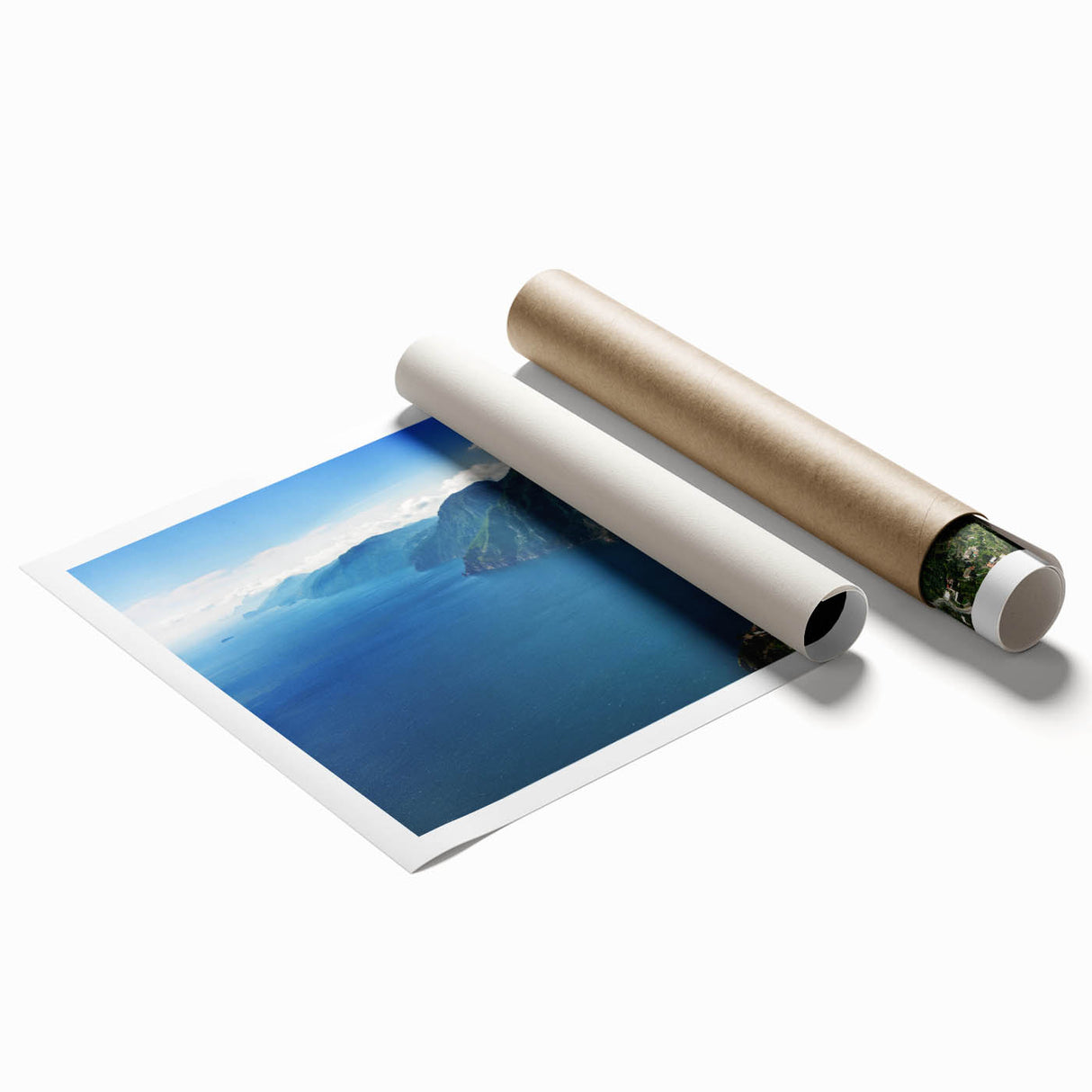 Extra large rolled print of Amalfi Coast with vivid blue ocean and colorful cliffside buildings.