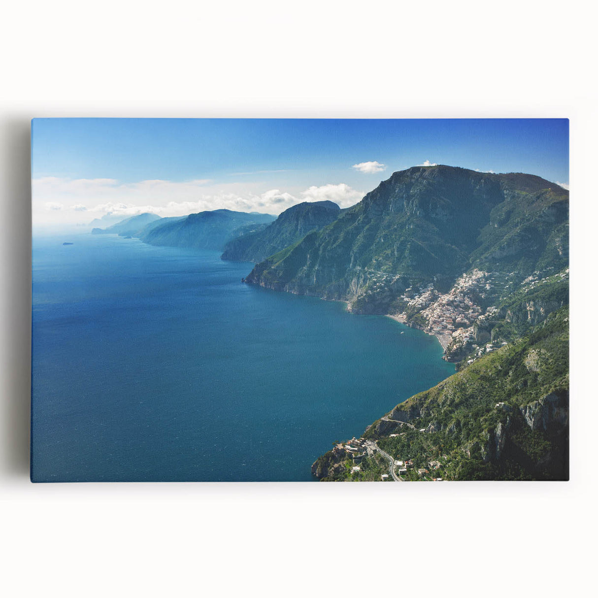 Black and white stretched canvas depicting the Amalfi Coast, suited as kitchen wall art or for a bedroom.