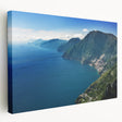 Panoramic view of the Amalfi Coast on a stretched canvas, featuring vivid blue and coastal tones, ideal for kitchen wall art.
