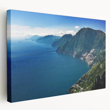 Panoramic view of the Amalfi Coast on a stretched canvas, featuring vivid blue and coastal tones, ideal for kitchen wall art.