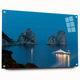 Acrylic print of Capri, Italy, featuring vibrant blue ocean and cliffside houses, ideal for dining room decor.