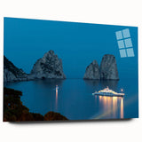 Acrylic print of Capri, Italy with vivid blue and white hues, ideal for bedroom or dining room art.