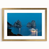 Abstract art print of Capri, Italy in muted earth tones on a framed canvas, ideal for dining room decor.