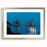 Extra large wall art featuring an abstract print of Capri, Italy in textured hues of blue and white.