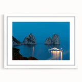 Textured art print of Capri, Italy, in abstract style with muted earth tones, framed in white, ideal for bedroom art.