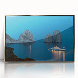 Large art print of Capri, Italy scenery in mid-century modernist style on silver-framed acrylic.