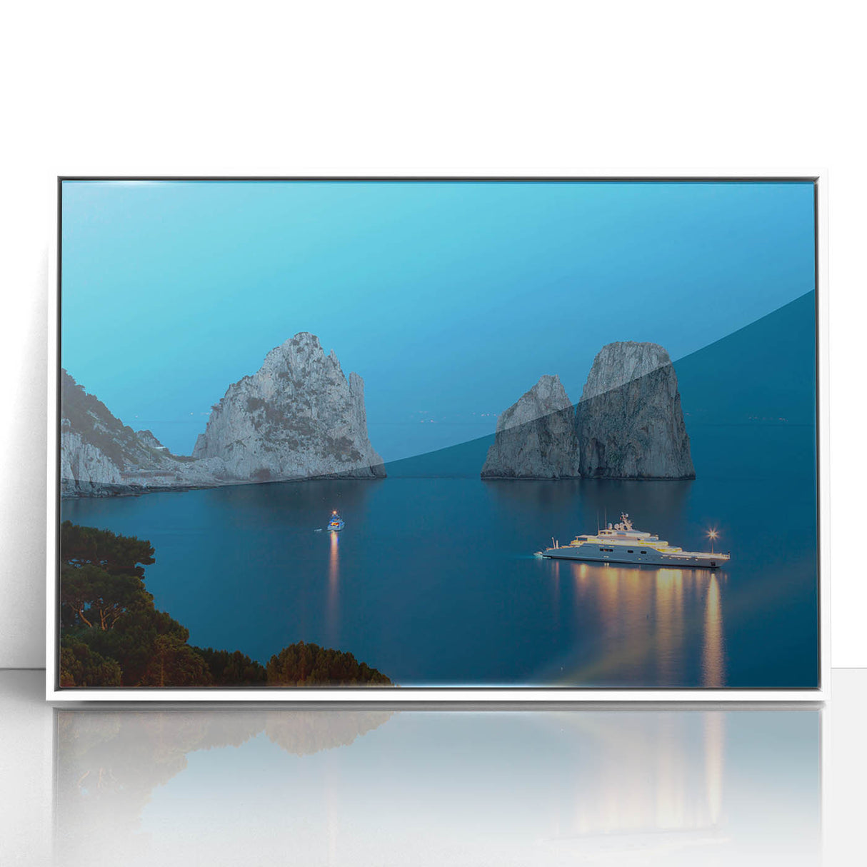 Mid-century modernist art depicting the Capri landscape in soft pastel hues, framed acrylic, ideal for modern art wall decor.