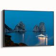 Black and white vintage poster art of Capri landscape on framed canvas, suitable for bedroom decor.