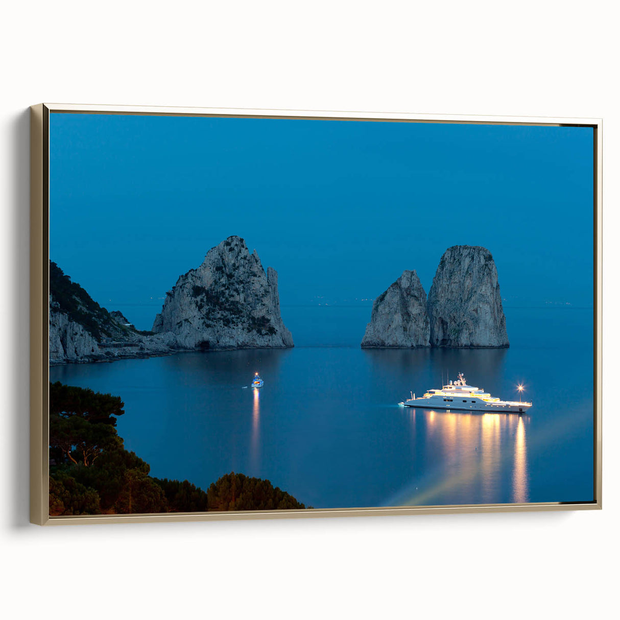 Framed canvas featuring a vintage-style landscape painting of Capri, Italy, with muted gold and black tones.