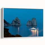 Vintage poster art of Capri, Italy in vibrant colors on a large framed canvas, suitable for living room decor.