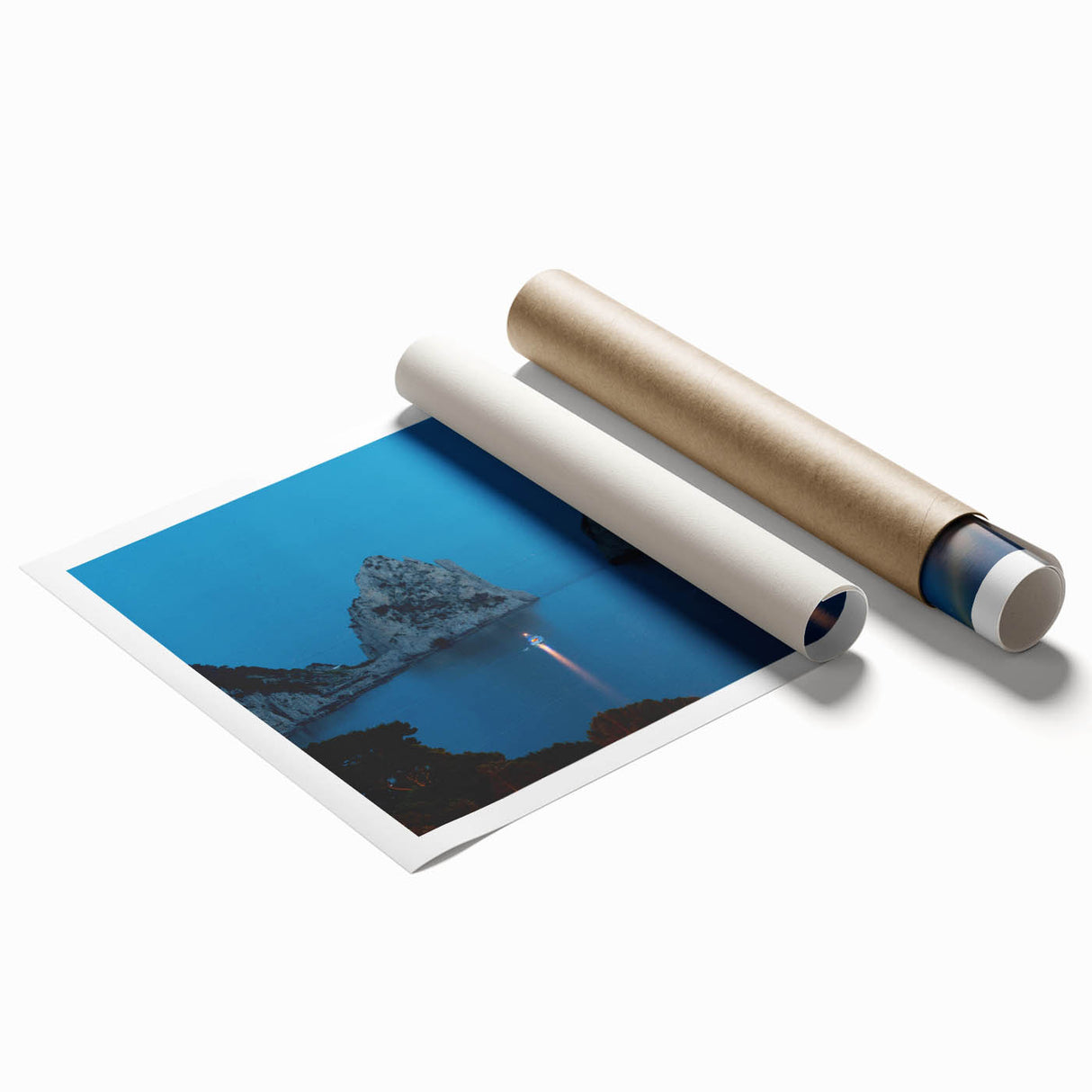 Extra large rolled print of Capri scenery with lush florals in muted earth tones, ideal for classy bathroom wall art.