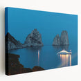 Large stretched canvas depicting a scenic view of Capri, Italy, with vivid blue and green tones, ideal for kitchen wall art.