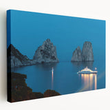 Large stretched canvas depicting a scenic view of Capri, Italy, with vivid blue and green tones, ideal for kitchen wall art.