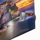 Acrylic print of Cinque Terre with vivid coastal colors, ideal for dining room art in a mid-century modernist style.