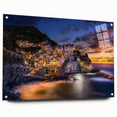 Acrylic print of Cinque Terre scenery in vibrant twilight hues, suitable for bedroom or dining room decor.