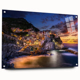 Acrylic print of Cinque Terre scenery in vibrant twilight hues, suitable for bedroom or dining room decor.