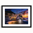 Extra large framed print of an abstract, colorful Cinque Terre scenery on textured canvas, ideal for living room decor.