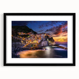 Extra large framed print of an abstract, colorful Cinque Terre scenery on textured canvas, ideal for living room decor.