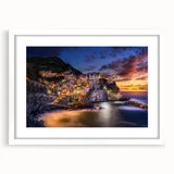 Textured art print of Cinque Terre with abstract brush strokes in muted ocean and earth tones on a framed white mat.
