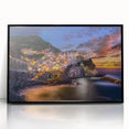 Framed acrylic print of Cinque Terre with vibrant colors and mid-century modernist style, ideal for modern art wall decor.