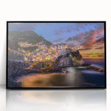 Framed acrylic print of Cinque Terre with vibrant colors and mid-century modernist style, ideal for modern art wall decor.