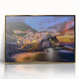 Framed acrylic print of Cinque Terre with vivid coastal colors, perfect for modern art wall decor.